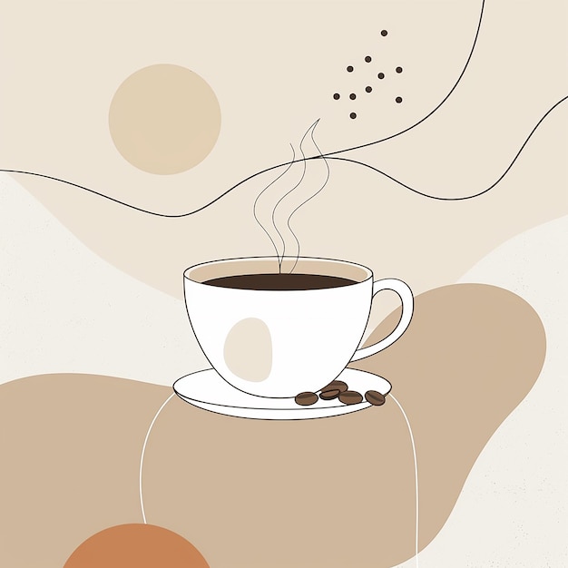 Un cartel de arte de línea para el Día Internacional del Café con una taza de café, granos de café y vapor.