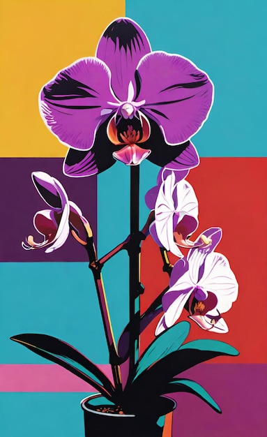 un cartel para el arte de las orquídeas con un fondo colorido