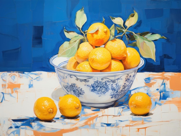 Cartel de arte de pared con limones en un cuenco blanco sobre un fondo azul en estilo de pintura al óleo abstracta