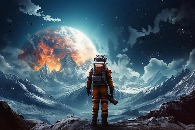 un cartel para un astronauta en un planeta con un fondo de un planeta con fuego y una ciudad en el fondo.