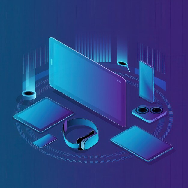 un cartel azul con una computadora portátil y un monitor con un fondo azul