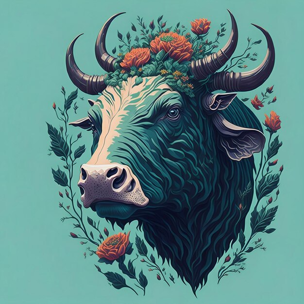 Un cartel azul con una vaca con flores.