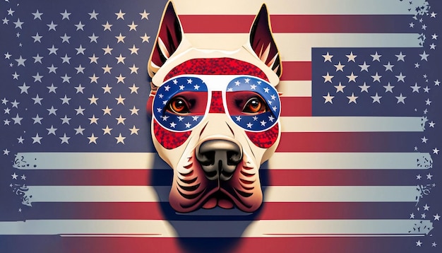 Foto un cartel de la bandera americana con un perro pitbull.