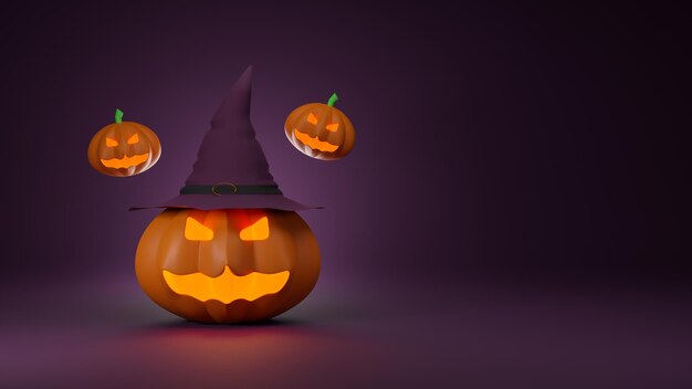 Foto cartel de la bandera del concepto del fondo de halloween del fantasma de la calabaza en la representación 3d del fondo púrpura