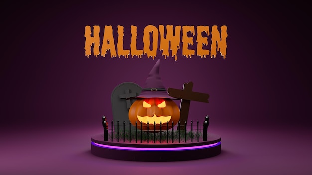 Cartel de banner de Happy Halloween Concept de fantasma de calabaza con sombrero de bruja y lápida en el podio de luz de neón fondo púrpura representación 3d