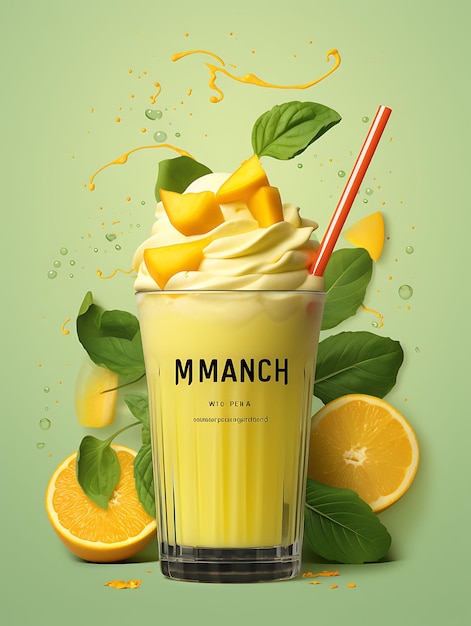 Cartel de bebida de batido de mango con rodajas de mango fresco y cocina de estilo de vida de celebraciones indias de menta Tr