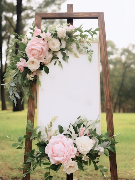 Foto cartel de bienvenida con vegetación y flores al estilo de un encanto rústico asimétrico