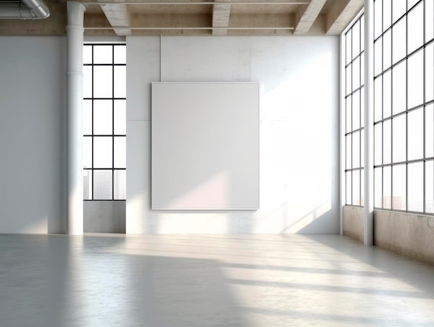 Un cartel blanco en blanco en una pared ligera en un moderno interior de ático soleado con un fondo de maqueta de piso de hormigón.