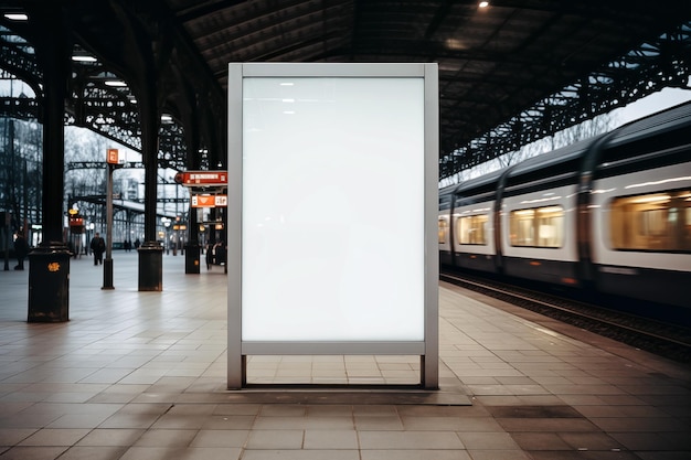 Cartel blanco en blanco en la plataforma de la estación de tren