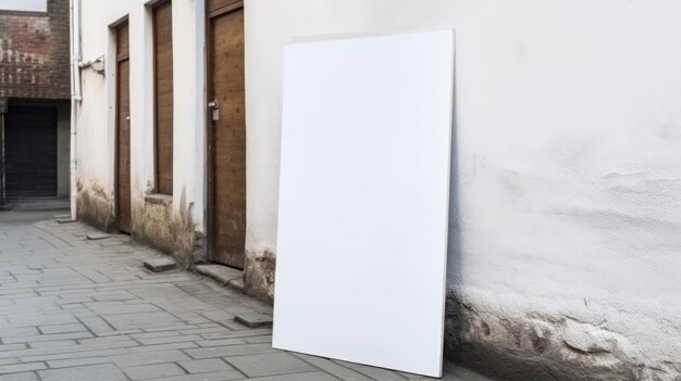 Un cartel blanco en una calle con un marco blanco.