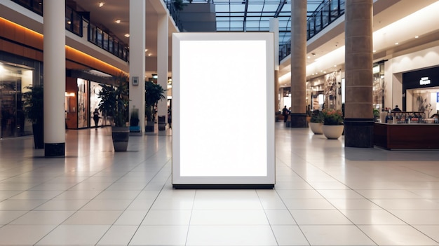 Un cartel blanco en un centro comercial con un marco blanco.