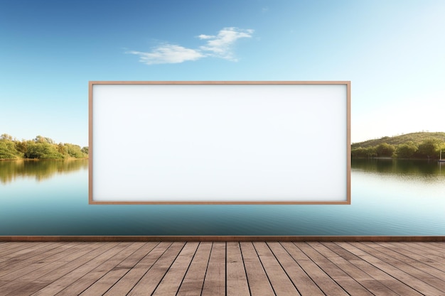 Un cartel en blanco colocado dramáticamente al final de un muelle con vistas a un lago tranquilo