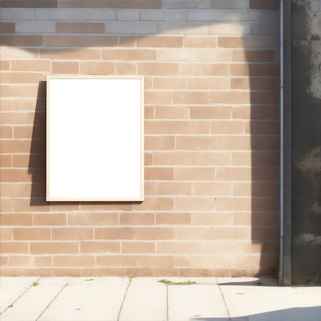 Un cartel en blanco, una maqueta vacía en la pared de ladrillo con una hermosa luz solar.