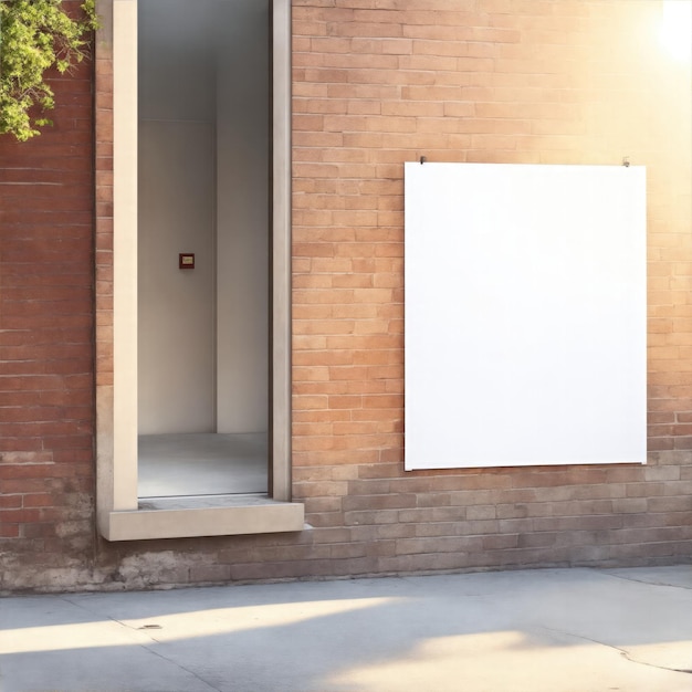 Un cartel en blanco, una maqueta vacía en la pared de ladrillo con una hermosa luz solar.