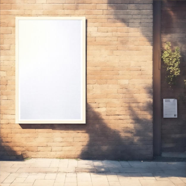 Un cartel en blanco, una maqueta vacía en la pared de ladrillo con una hermosa luz solar.