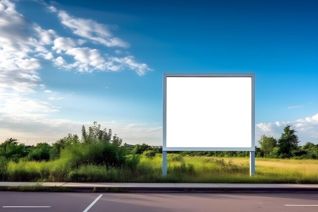 Foto un cartel en blanco montado en una valla a lo largo de una carretera de asfalto