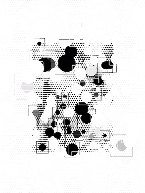 un cartel blanco y negro con muchos círculos blancos y negros