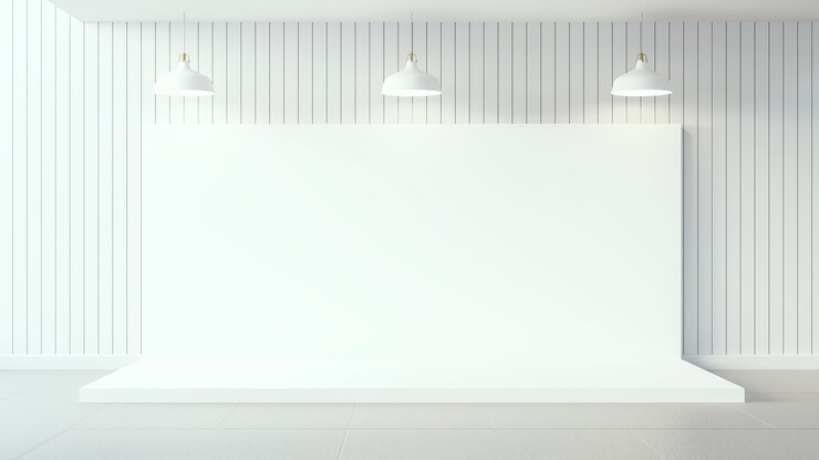 Cartel blanco en pared de madera blanca y diseño de interiores