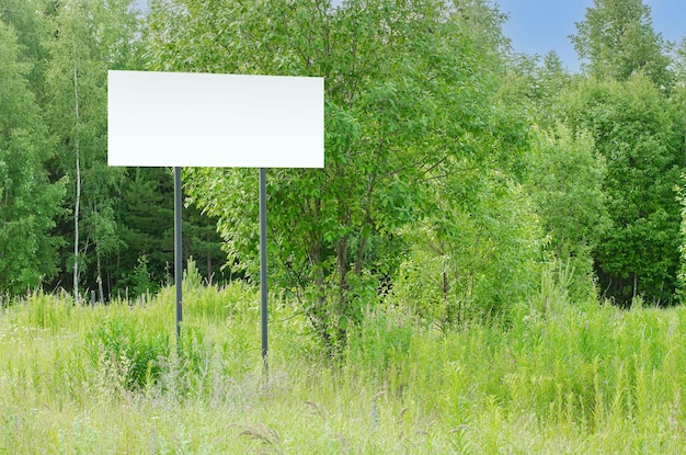Un cartel blanco vacío en el bosque entre los árboles Publicar información en un parque público o llamar la atención sobre cuestiones ambientales Espacio de copia de verano