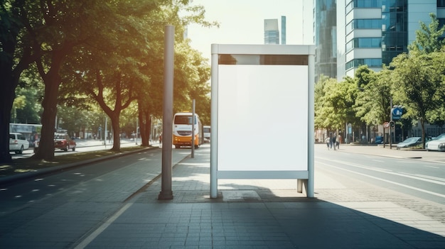 Cartel blanco vertical exhibido en una parada de autobús de la calle de la ciudad que proporciona potencial