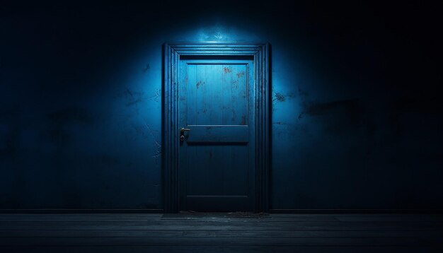 Foto un cartel de blue monday con una simple imagen de una puerta cerrada en una habitación oscura