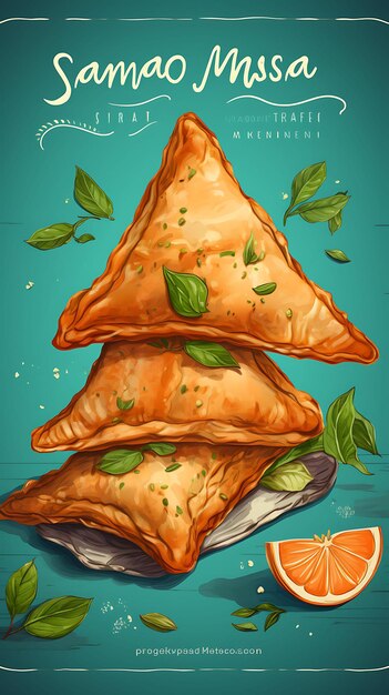 Cartel de bocadillos Samosa con hojas de menta y especias Cocina india de estilo de vida de celebraciones brillantes y C