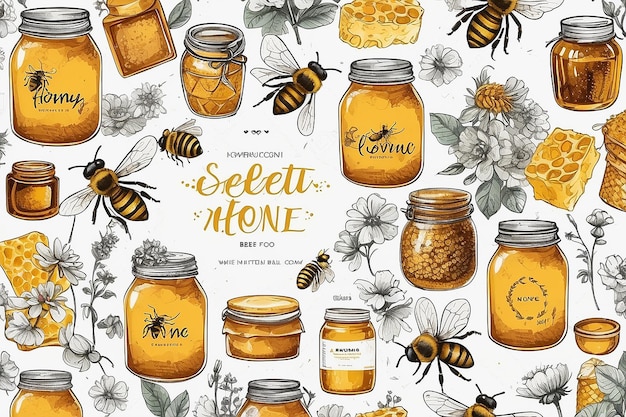 Foto cartel de boceto de miel colmillo de miel y abejas set de panfleto de alimentos orgánicos diseño de frasco de colmena y diseño de flores