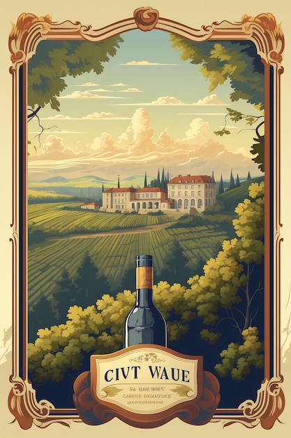 un cartel para una botella de vino con una botella De vino en el fondo