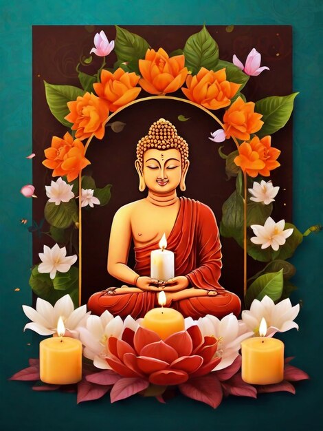 un cartel de Buda con flores y Buda en él