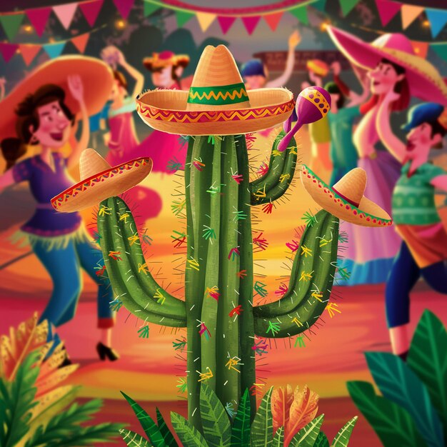 un cartel con un cactus y personas bailando en cinco de mayo