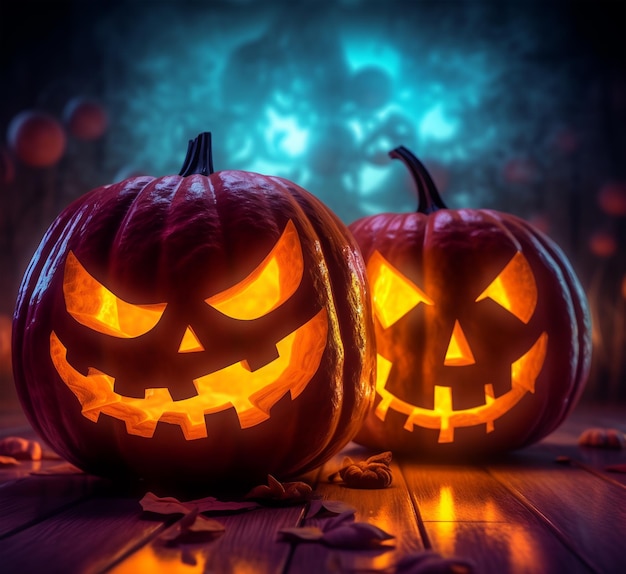 Cartel de calabaza de Halloween feliz con una cara espeluznante en un fondo fantástico