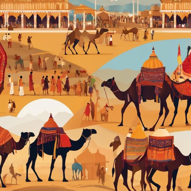 Un cartel de un camello y gente en el desierto.
