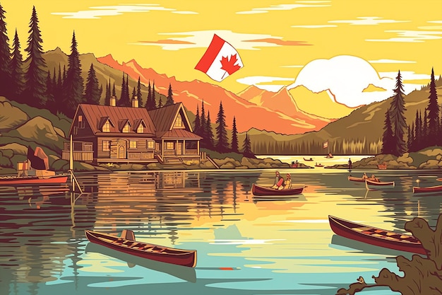 Un cartel de Canadá que muestra canoas y una bandera en el agua.