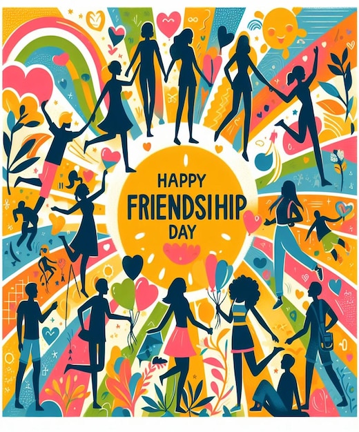 un cartel con una caricatura de amigos y un círculo de flores