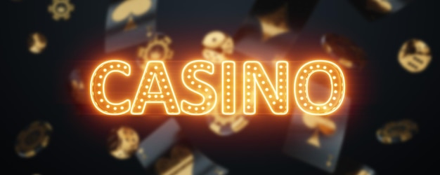 Cartel para un casino en negro y dorado honrar un encabezado para un sitio de casino en línea Inscripción de casino Juegos de cartas de apuestas cartas ruleta casino letras 3D render 3D ilustración