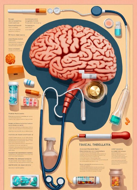 Foto un cartel de un cerebro con un estetoscopio médico en él