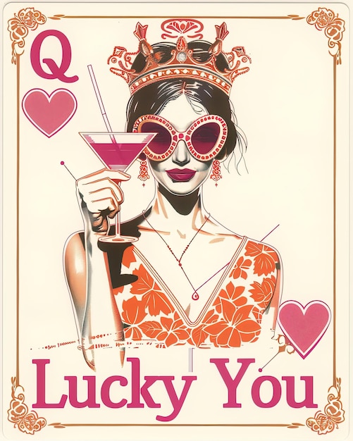 Foto un cartel para una chica afortunada afortunada con un cóctel y un cóktel rosa