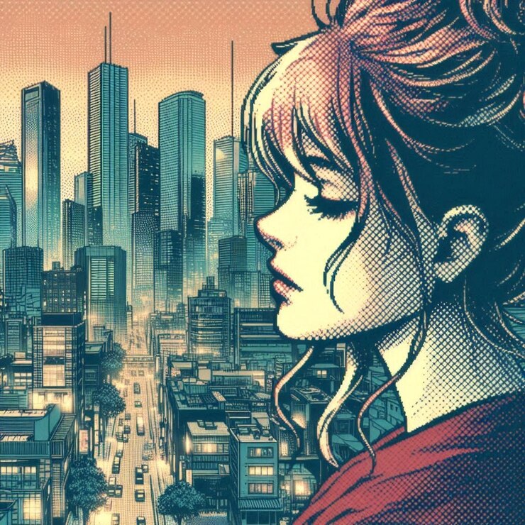 un cartel para una chica con una bufanda roja y un paisaje urbano en el fondo