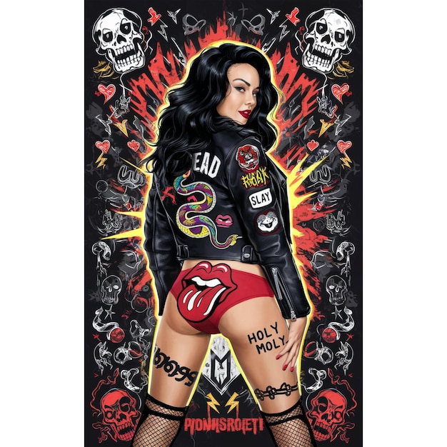 un cartel de una chica con un cráneo y las palabras "estrella del rock" en él