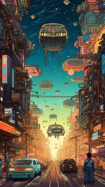 Un cartel de una ciudad con una nave espacial volando sobre ella