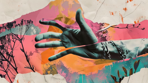 Cartel con collage de dedos rasgados sudor espacio abstracto y estrellas cartel psicodélico New Wave
