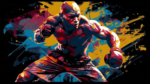 Un cartel colorido con un boxeador en el medio.