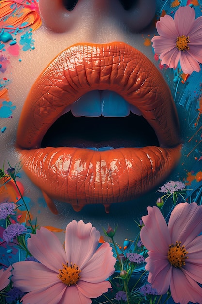 Foto cartel colorido con flores detrás de los labios flotantes