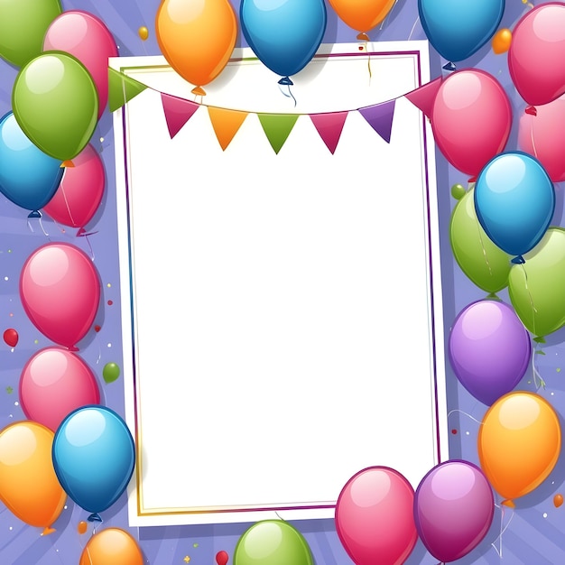 un cartel colorido con globos y una pancarta que dice el cumpleaños