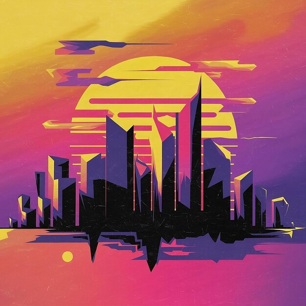 un cartel colorido con un horizonte de la ciudad y una ciudad en el fondo