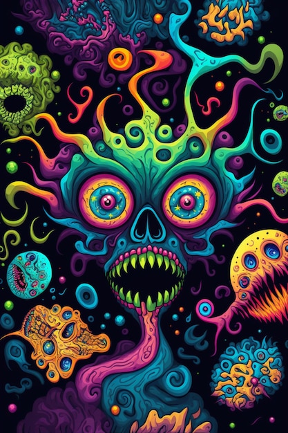 Un cartel colorido de un monstruo con un gusano en la boca.