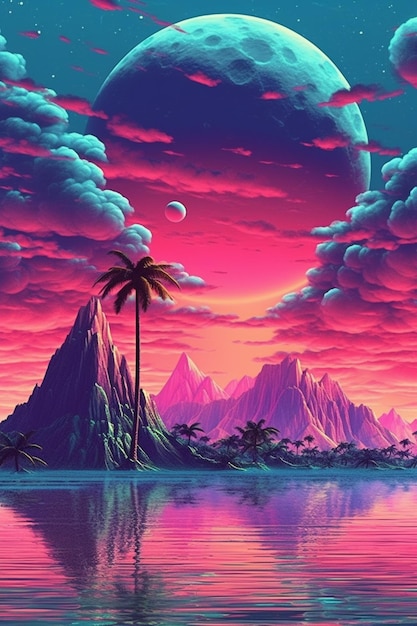 Un cartel colorido con una montaña y una palmera.