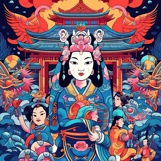 Foto cartel colorido con motivos e ilustraciones chinas cartel para el festival