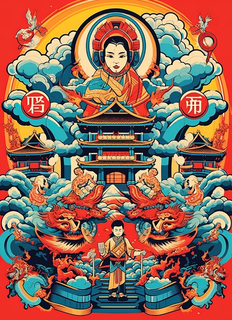 Foto cartel colorido con motivos e ilustraciones chinas cartel para el festival