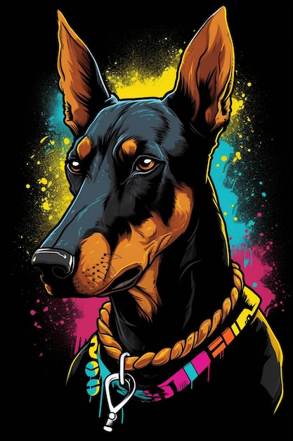 Un cartel colorido de un perro doberman.